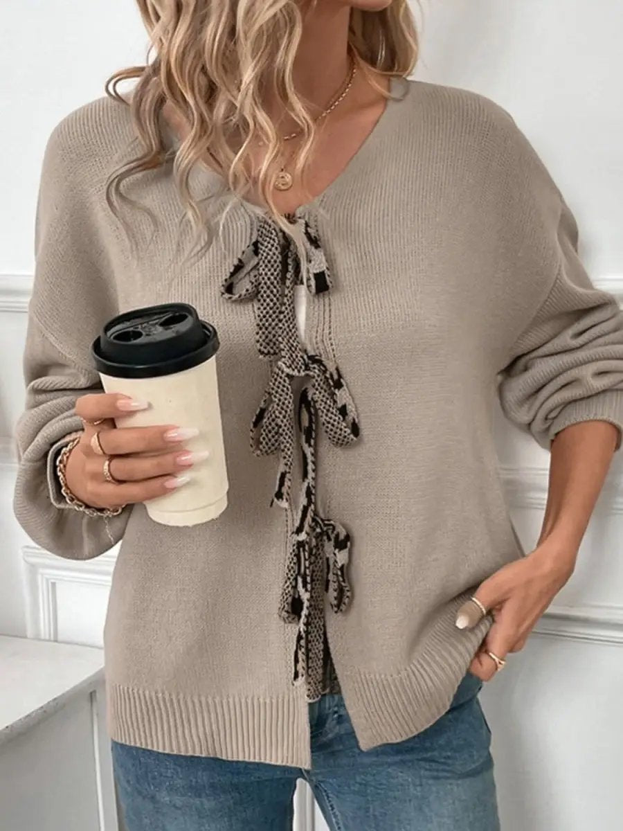 Perfee Tied Contrast Heart V-Neck Long Sleeve Cardigan - Love Salve